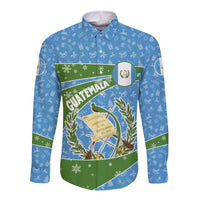 Guatemala Christmas Long Sleeve Button Shirt with Blue Green Christmas Quetzal Bird Gift and Coat of Arms - Wonder Print Shop