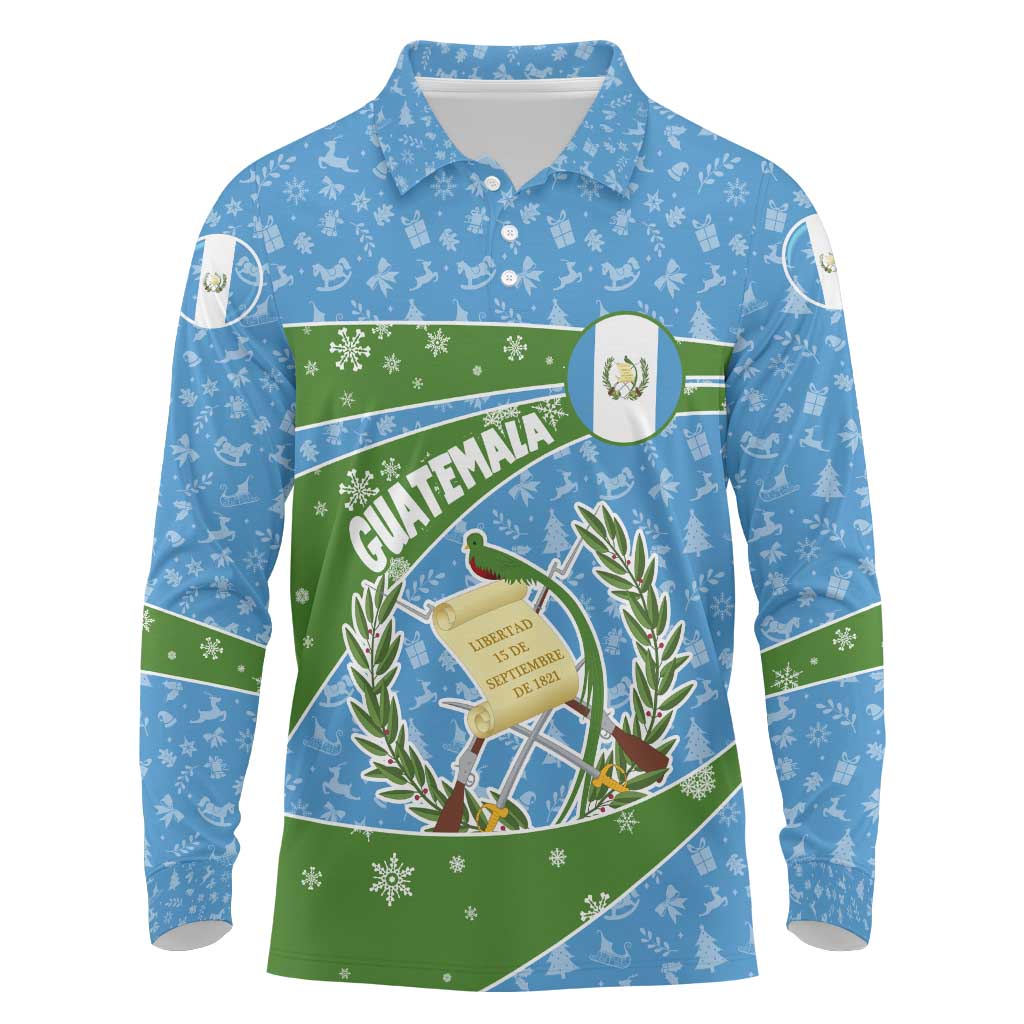 Guatemala Christmas Long Sleeve Polo Shirt with Blue Green Christmas Quetzal Bird Gift and Coat of Arms - Wonder Print Shop