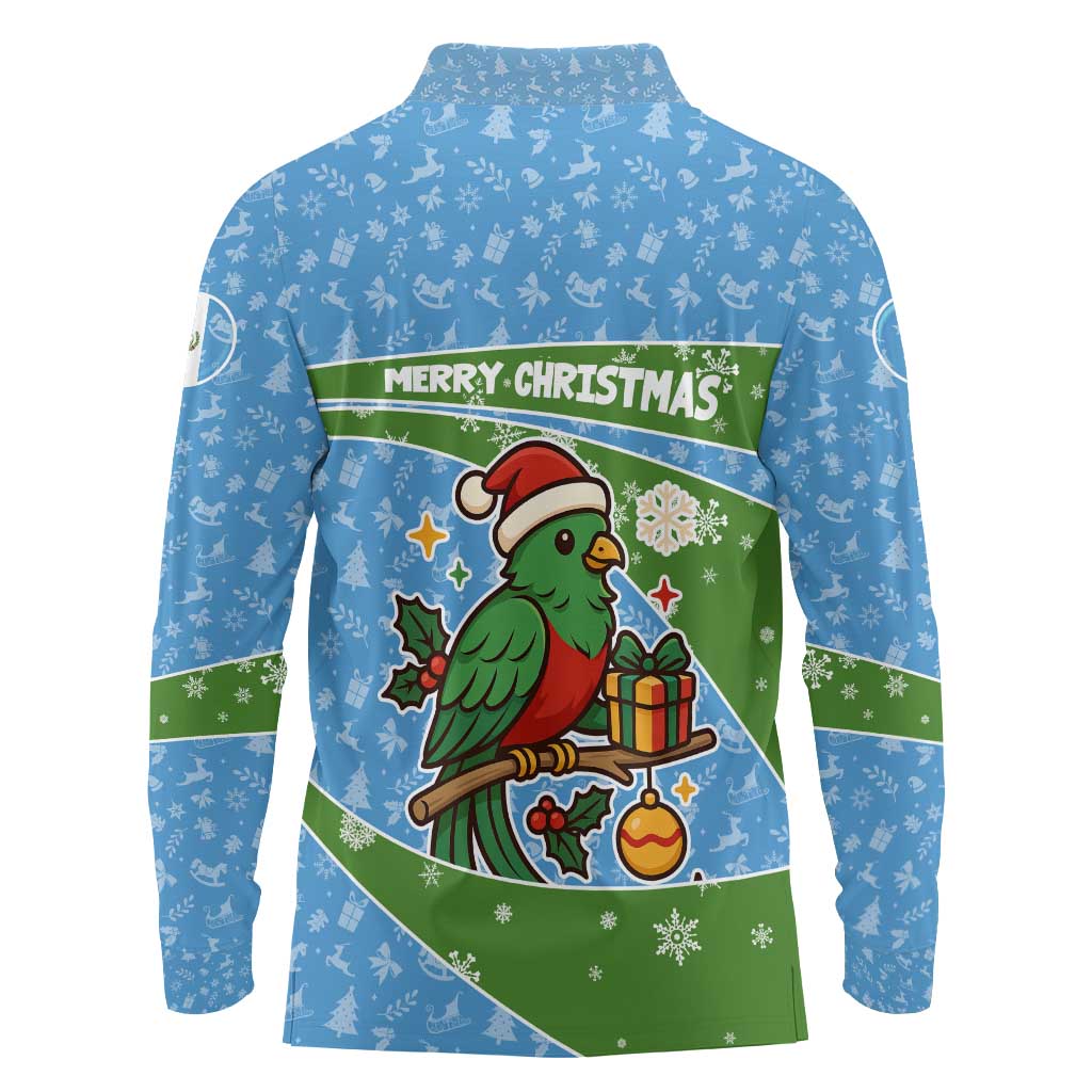 Guatemala Christmas Long Sleeve Polo Shirt with Blue Green Christmas Quetzal Bird Gift and Coat of Arms - Wonder Print Shop