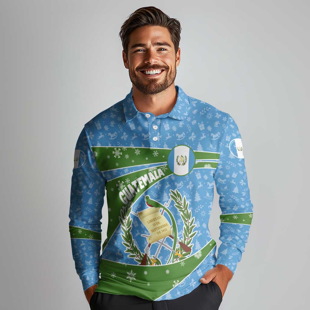 Guatemala Christmas Long Sleeve Polo Shirt with Blue Green Christmas Quetzal Bird Gift and Coat of Arms - Wonder Print Shop