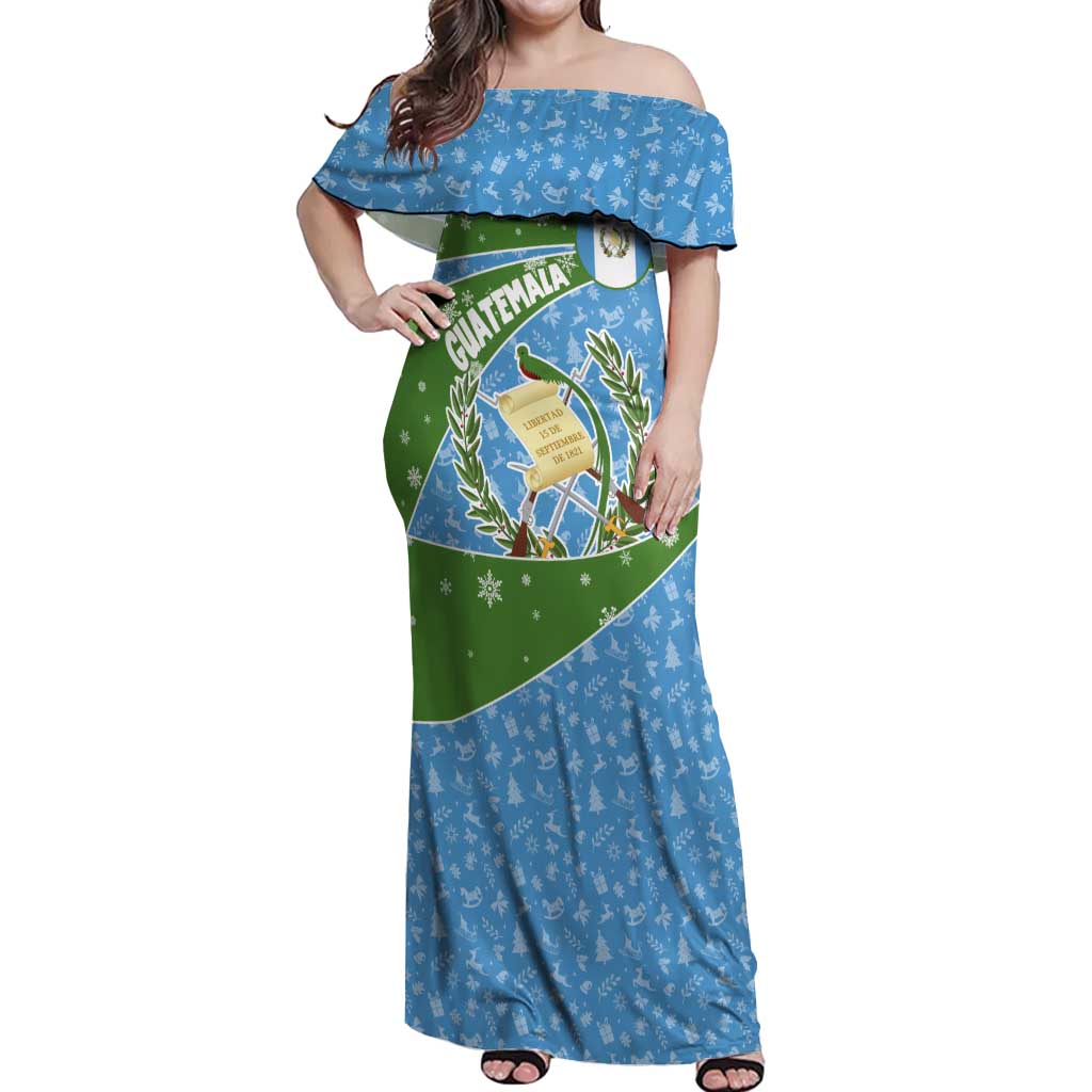 Guatemala Christmas Off Shoulder Maxi Dress with Blue Green Christmas Quetzal Bird Gift and Coat of Arms - Wonder Print Shop