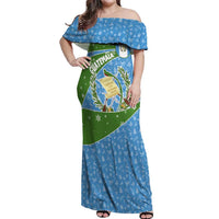 Guatemala Christmas Off Shoulder Maxi Dress with Blue Green Christmas Quetzal Bird Gift and Coat of Arms - Wonder Print Shop