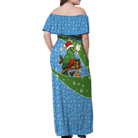 Guatemala Christmas Off Shoulder Maxi Dress with Blue Green Christmas Quetzal Bird Gift and Coat of Arms - Wonder Print Shop