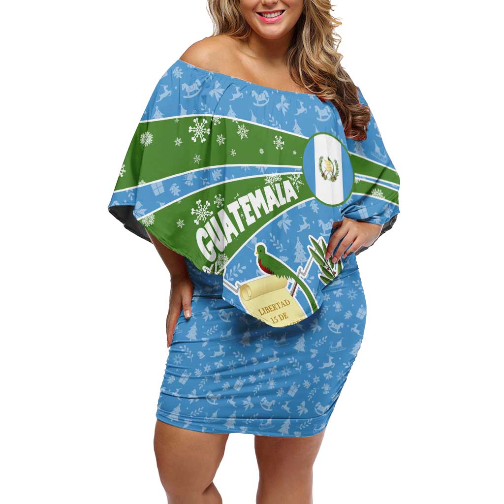 Guatemala Christmas Off Shoulder Short Dress with Blue Green Christmas Quetzal Bird Gift and Coat of Arms - Wonder Print Shop