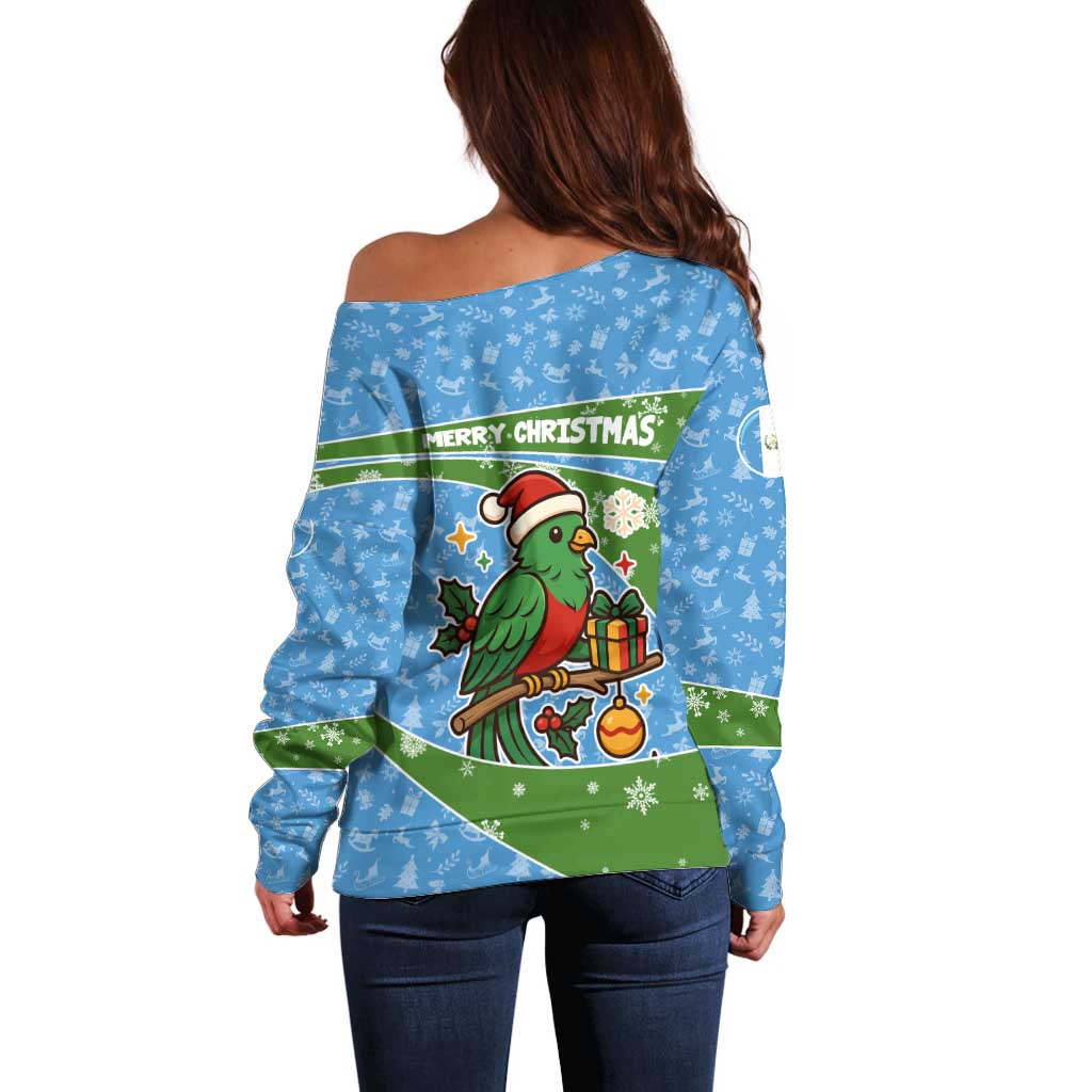 Guatemala Christmas Off Shoulder Sweater with Blue Green Christmas Quetzal Bird Gift and Coat of Arms - Wonder Print Shop