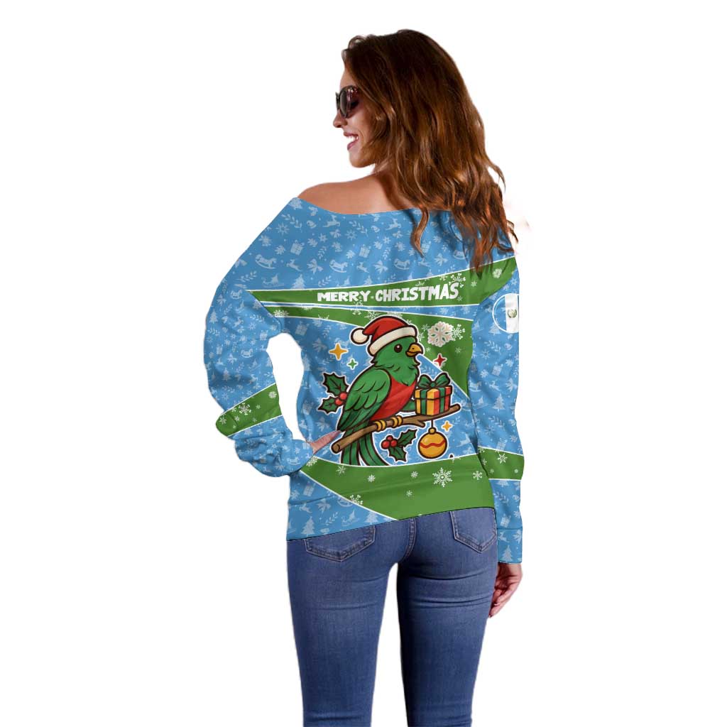 Guatemala Christmas Off Shoulder Sweater with Blue Green Christmas Quetzal Bird Gift and Coat of Arms - Wonder Print Shop