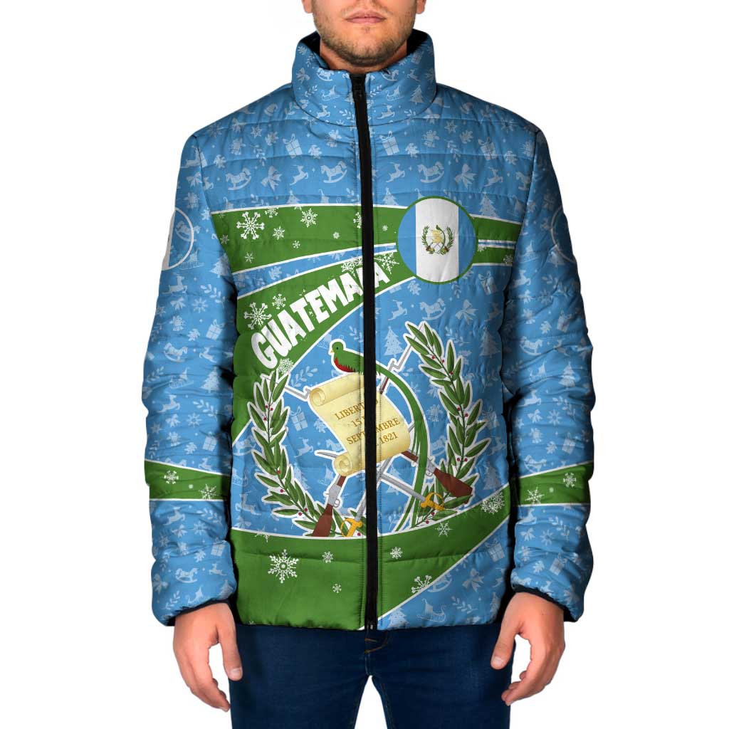 Guatemala Christmas Padded Jacket with Blue Green Christmas Quetzal Bird Gift and Coat of Arms - Wonder Print Shop