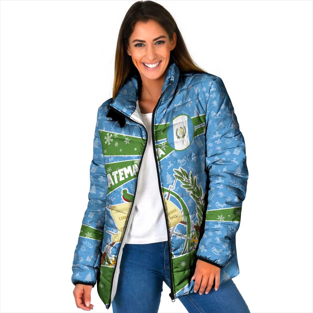 Guatemala Christmas Padded Jacket with Blue Green Christmas Quetzal Bird Gift and Coat of Arms - Wonder Print Shop