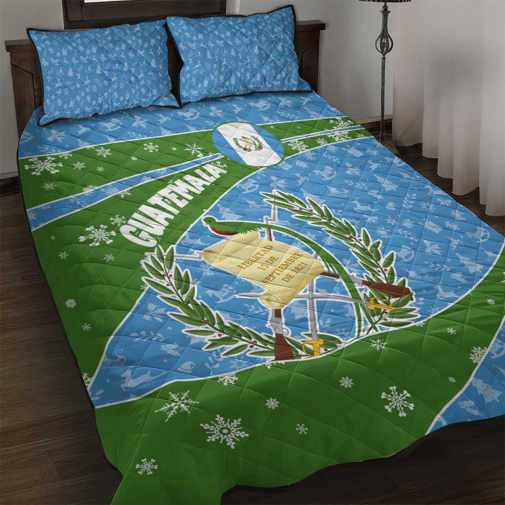 Guatemala Christmas Quilt Bed Set with Blue Green Christmas Quetzal Bird Gift and Coat of Arms - Wonder Print Shop