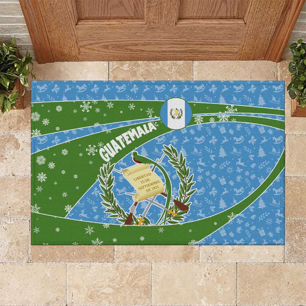 Guatemala Christmas Rubber Doormat with Blue Green Christmas Quetzal Bird Gift and Coat of Arms - Wonder Print Shop