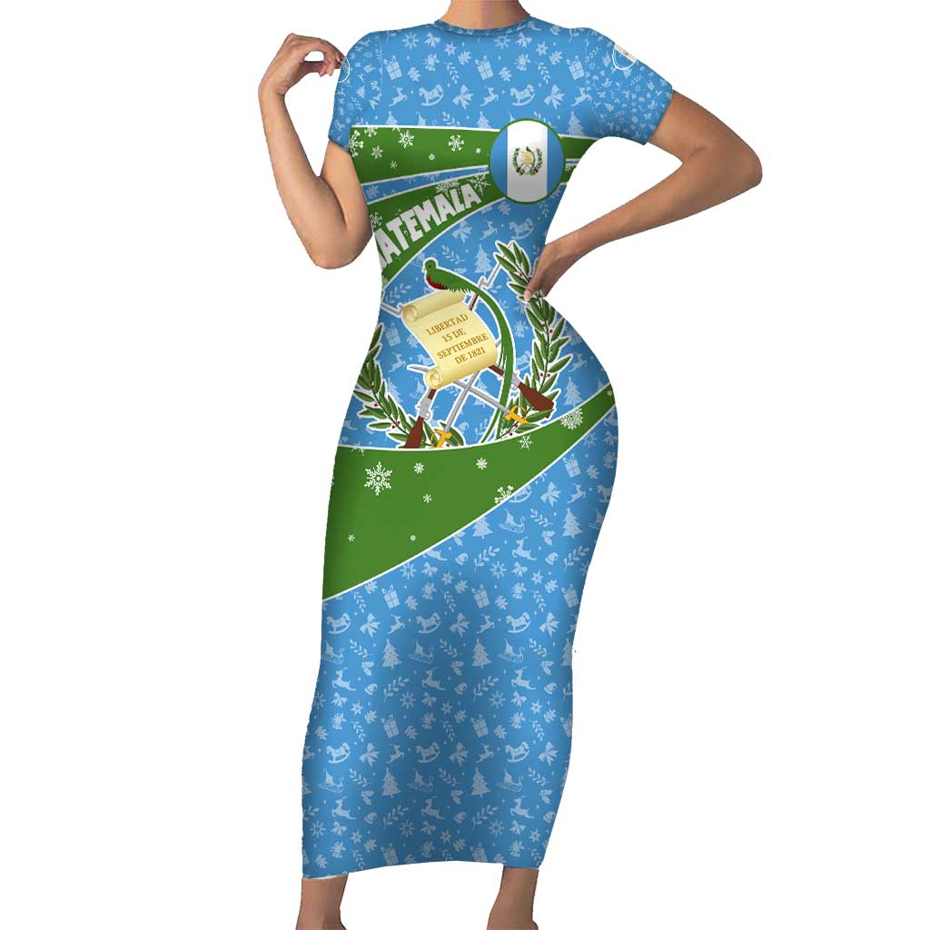 Guatemala Christmas Short Sleeve Bodycon Dress with Blue Green Christmas Quetzal Bird Gift and Coat of Arms - Wonder Print Shop
