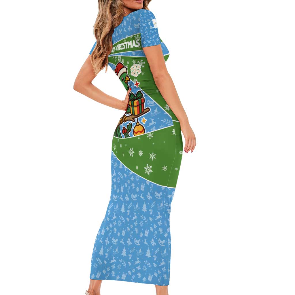 Guatemala Christmas Short Sleeve Bodycon Dress with Blue Green Christmas Quetzal Bird Gift and Coat of Arms - Wonder Print Shop