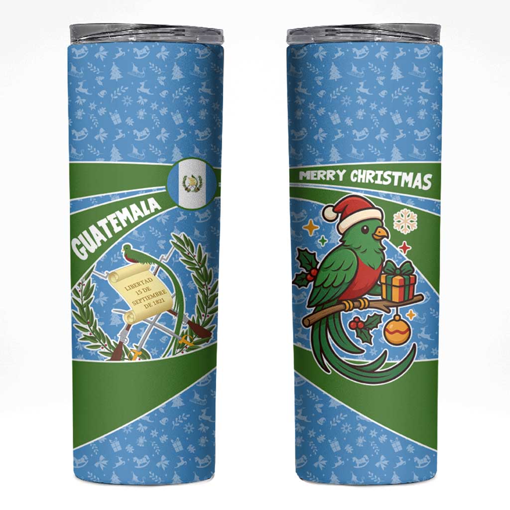 Guatemala Christmas Skinny Tumbler with Blue Green Christmas Quetzal Bird Gift and Coat of Arms - Wonder Print Shop