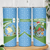 Guatemala Christmas Skinny Tumbler with Blue Green Christmas Quetzal Bird Gift and Coat of Arms - Wonder Print Shop