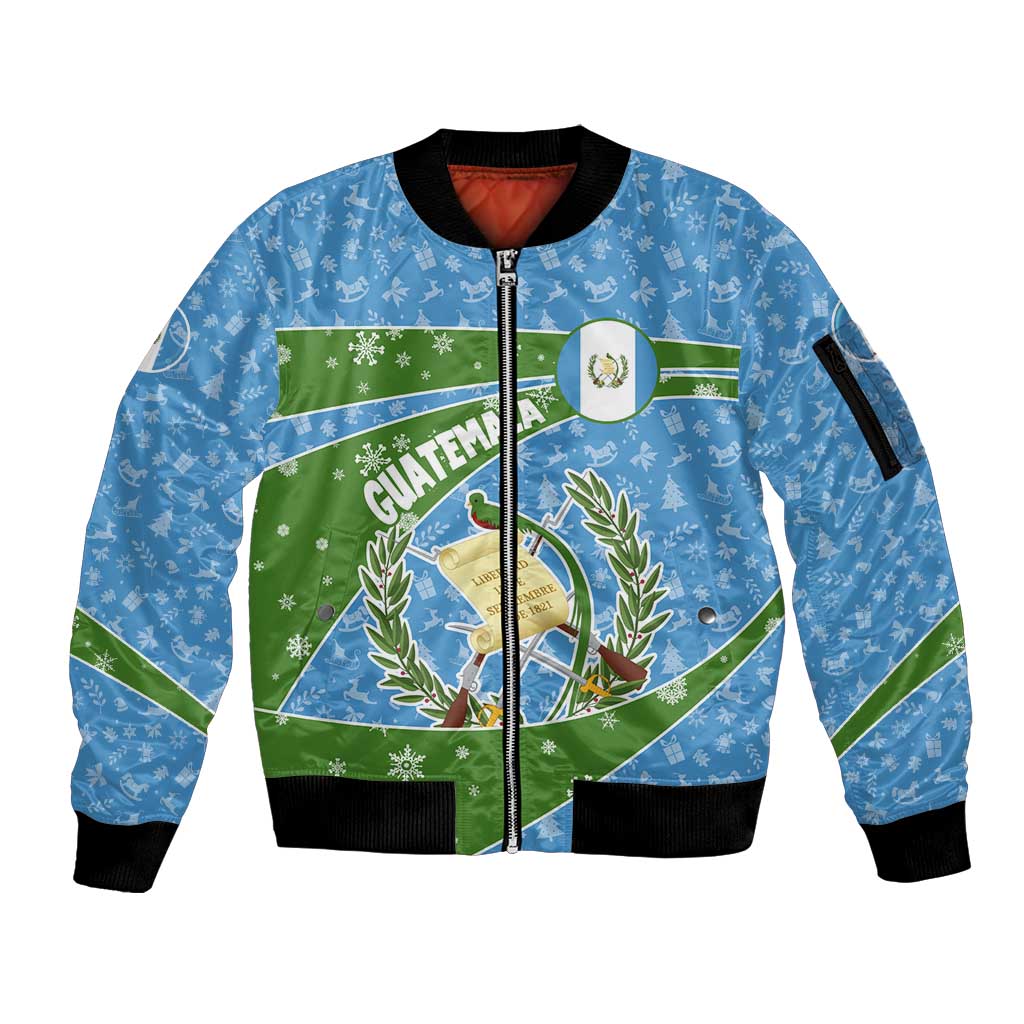 Guatemala Christmas Sleeve Zip Bomber Jacket with Blue Green Christmas Quetzal Bird Gift and Coat of Arms - Wonder Print Shop