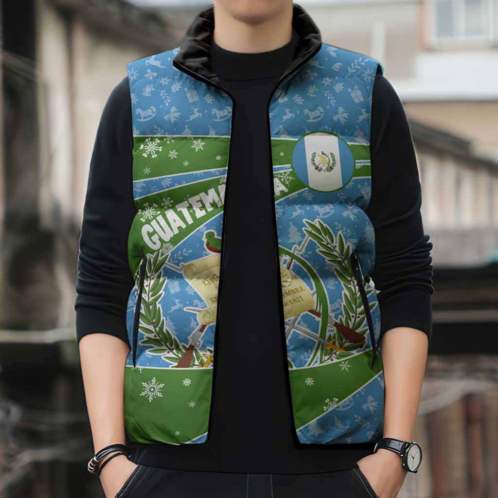 Guatemala Christmas Sleeveless Puffer Jacket with Blue Green Christmas Quetzal Bird Gift and Coat of Arms - Wonder Print Shop