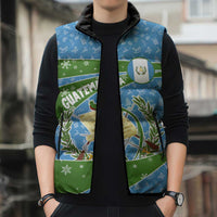 Guatemala Christmas Sleeveless Puffer Jacket with Blue Green Christmas Quetzal Bird Gift and Coat of Arms - Wonder Print Shop