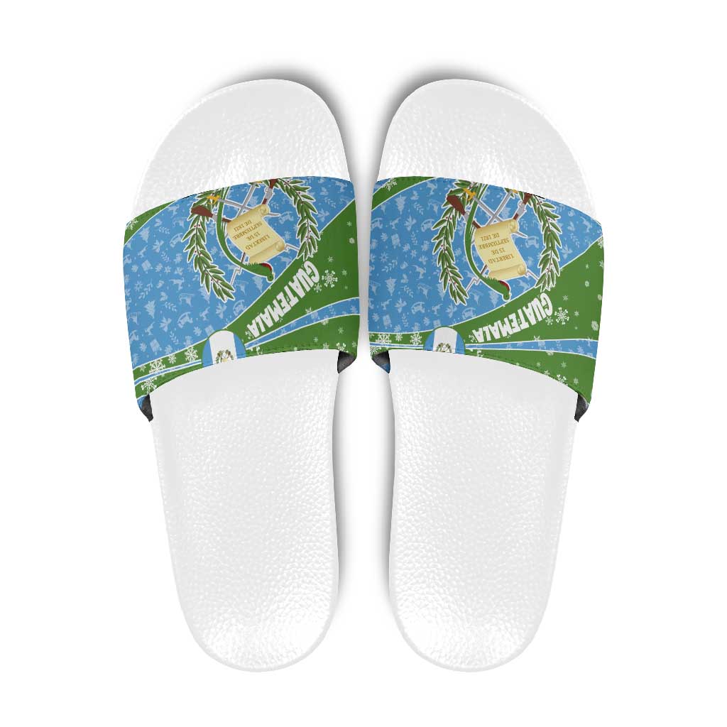 Guatemala Christmas Slide Sandals with Blue Green Christmas Quetzal Bird Gift and Coat of Arms - Wonder Print Shop