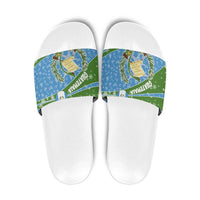 Guatemala Christmas Slide Sandals with Blue Green Christmas Quetzal Bird Gift and Coat of Arms - Wonder Print Shop