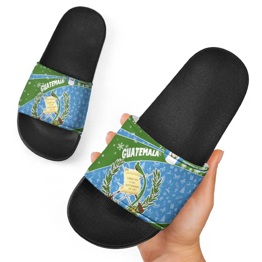 Guatemala Christmas Slide Sandals with Blue Green Christmas Quetzal Bird Gift and Coat of Arms - Wonder Print Shop