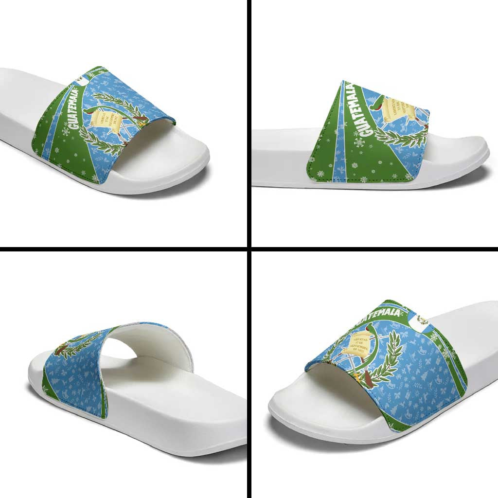 Guatemala Christmas Slide Sandals with Blue Green Christmas Quetzal Bird Gift and Coat of Arms - Wonder Print Shop