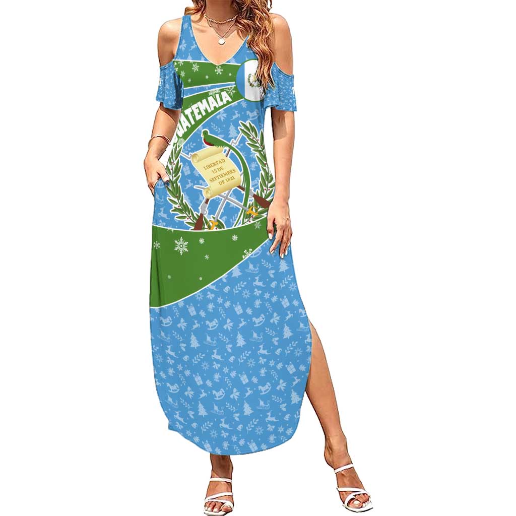 Guatemala Christmas Summer Maxi Dress with Blue Green Christmas Quetzal Bird Gift and Coat of Arms - Wonder Print Shop