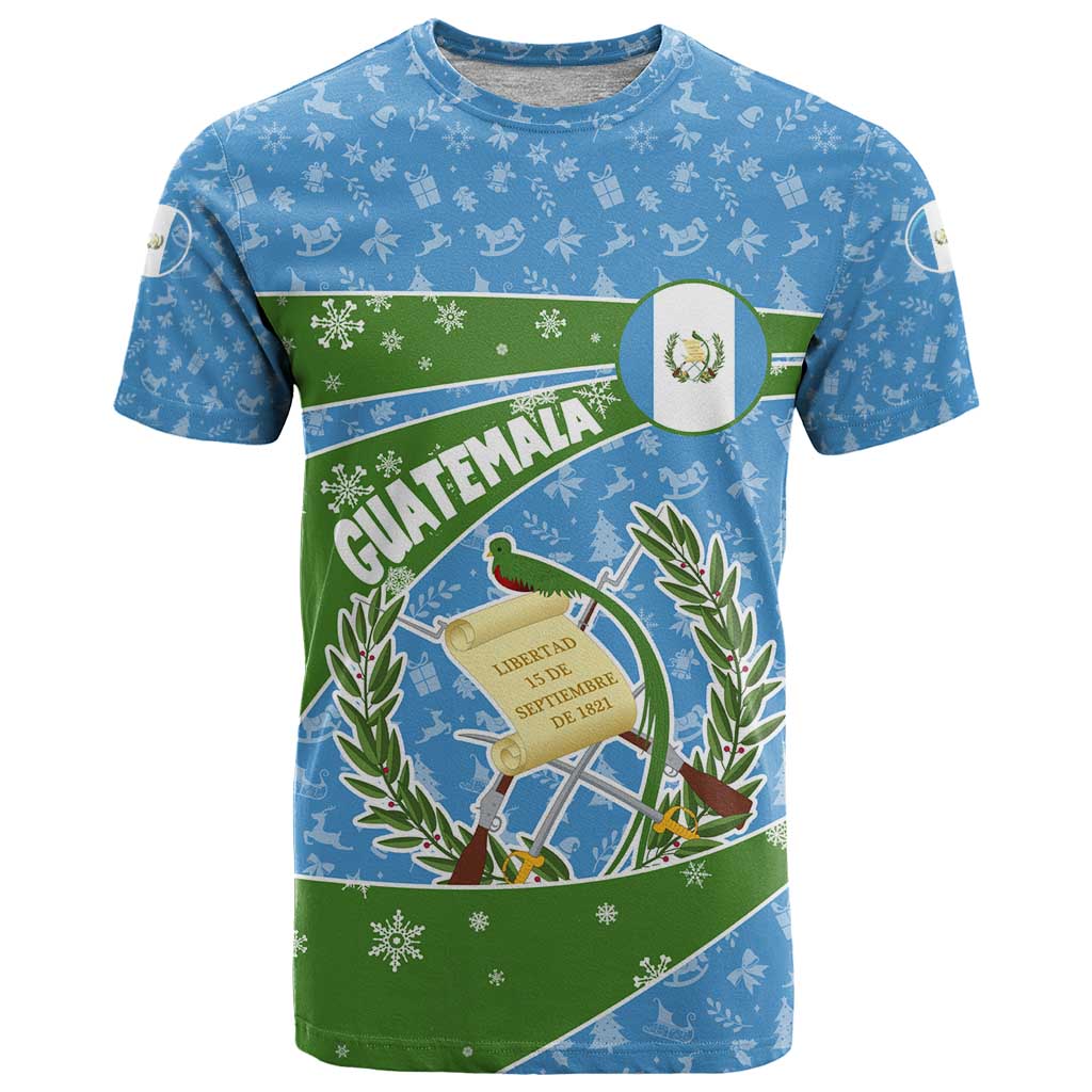 Guatemala Christmas T Shirt with Blue Green Christmas Quetzal Bird Gift and Coat of Arms - Wonder Print Shop