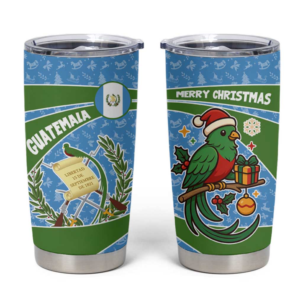 Guatemala Christmas Tumbler Cup with Blue Green Christmas Quetzal Bird Gift and Coat of Arms - Wonder Print Shop