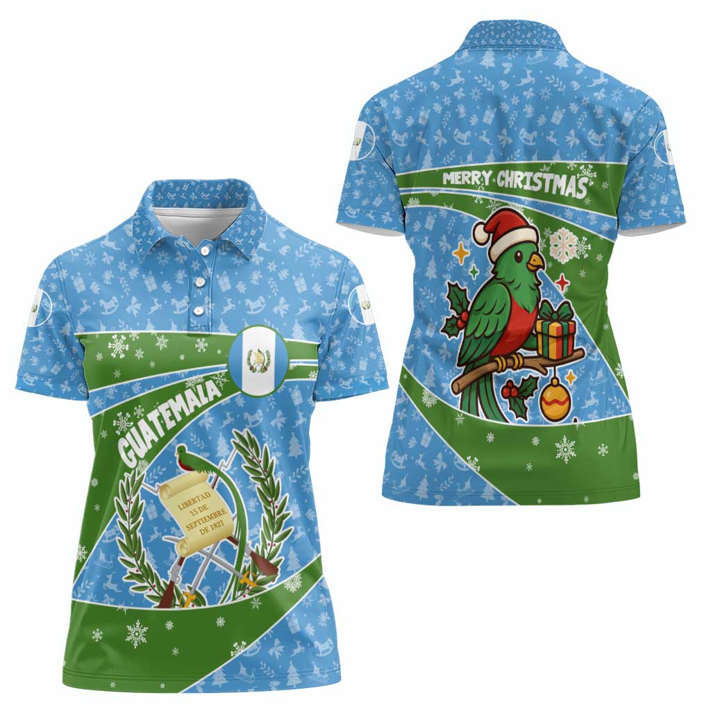 Guatemala Christmas Women Polo Shirt with Blue Green Christmas Quetzal Bird Gift and Coat of Arms - Wonder Print Shop
