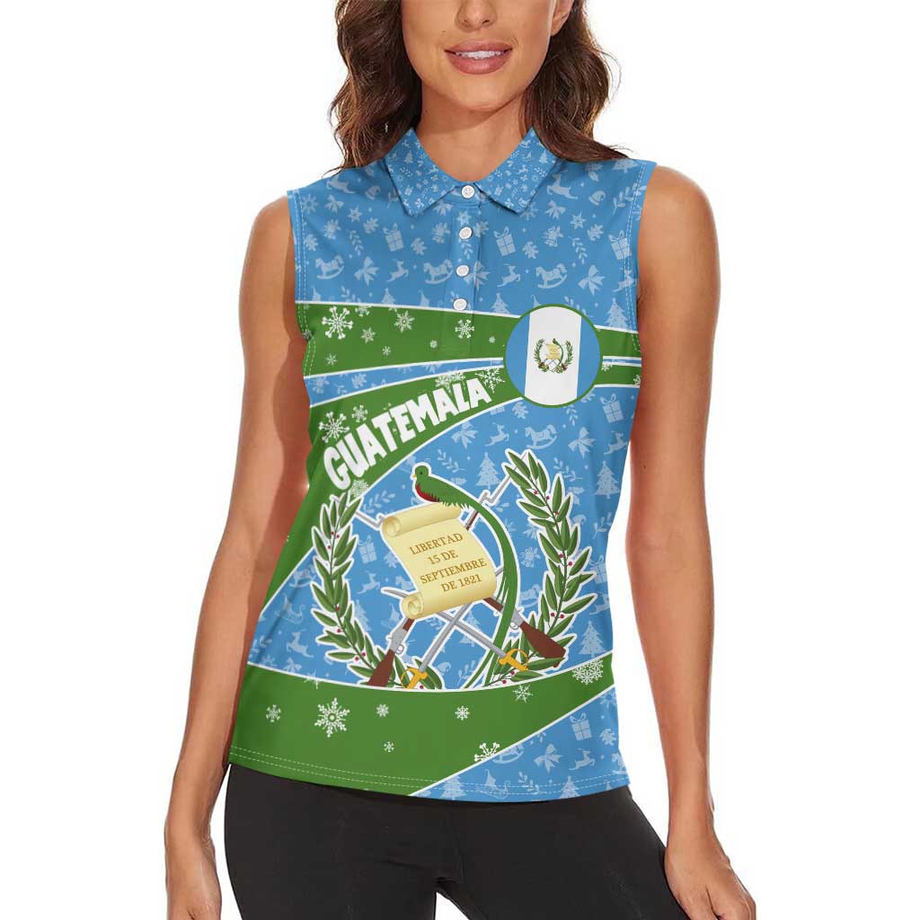 Guatemala Christmas Women Sleeveless Polo Shirt with Blue Green Christmas Quetzal Bird Gift and Coat of Arms - Wonder Print Shop