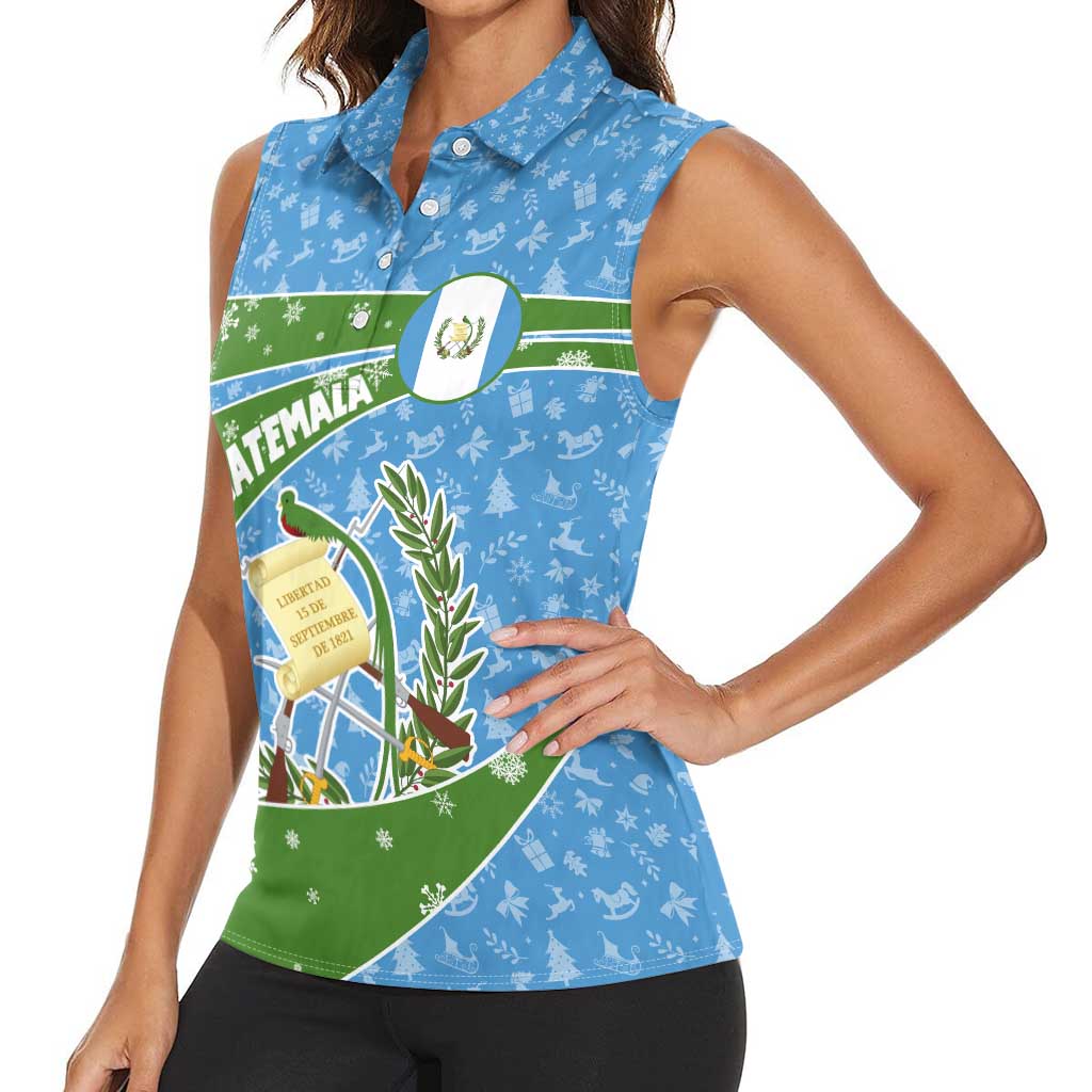Guatemala Christmas Women Sleeveless Polo Shirt with Blue Green Christmas Quetzal Bird Gift and Coat of Arms - Wonder Print Shop