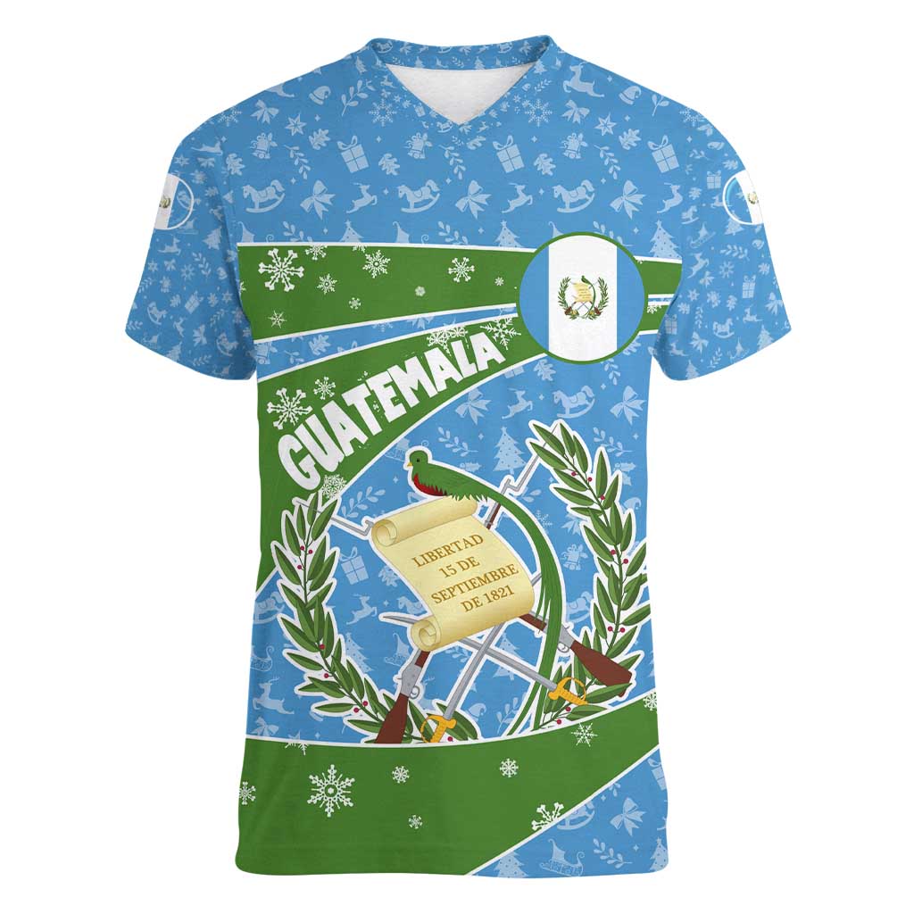 Guatemala Christmas Women V-Neck T-Shirt with Blue Green Christmas Quetzal Bird Gift and Coat of Arms - Wonder Print Shop