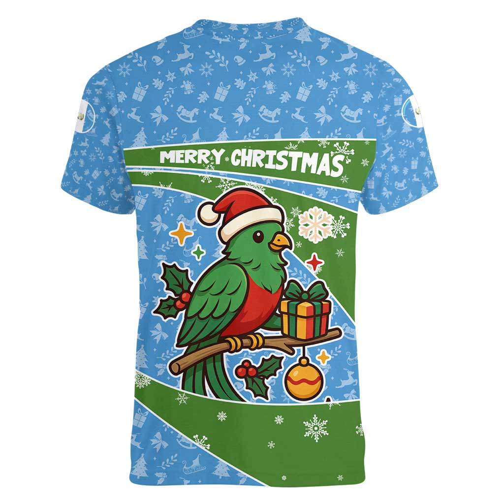 Guatemala Christmas Women V-Neck T-Shirt with Blue Green Christmas Quetzal Bird Gift and Coat of Arms - Wonder Print Shop