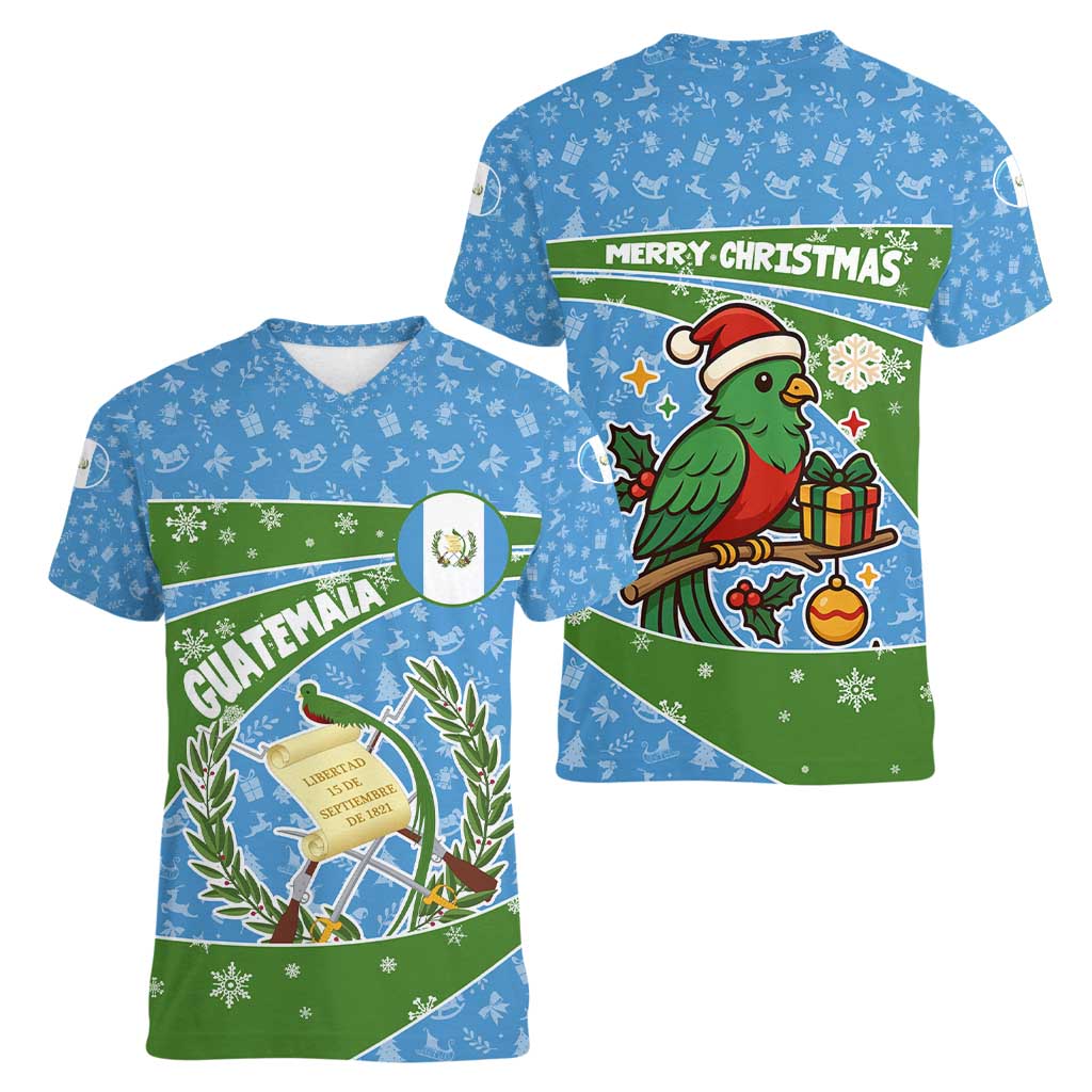 Guatemala Christmas Women V-Neck T-Shirt with Blue Green Christmas Quetzal Bird Gift and Coat of Arms - Wonder Print Shop