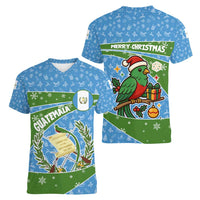 Guatemala Christmas Women V-Neck T-Shirt with Blue Green Christmas Quetzal Bird Gift and Coat of Arms - Wonder Print Shop