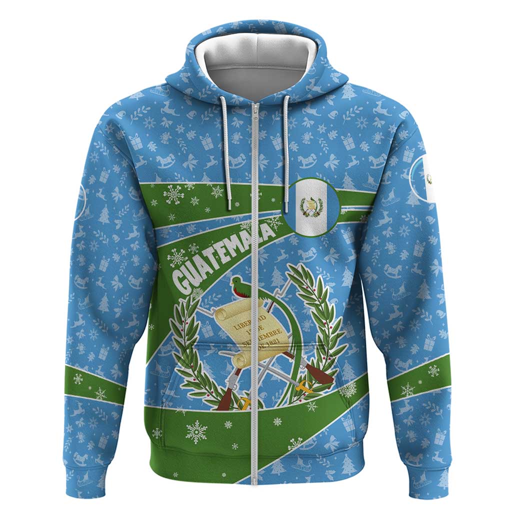 Guatemala Christmas Zip Hoodie with Blue Green Christmas Quetzal Bird Gift and Coat of Arms - Wonder Print Shop