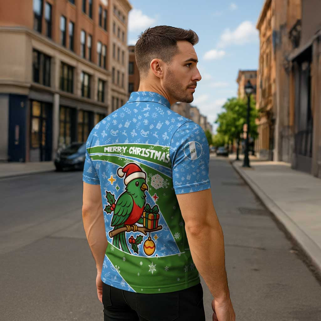 Guatemala Christmas Zipper Polo Shirt with Blue Green Christmas Quetzal Bird Gift and Coat of Arms - Wonder Print Shop