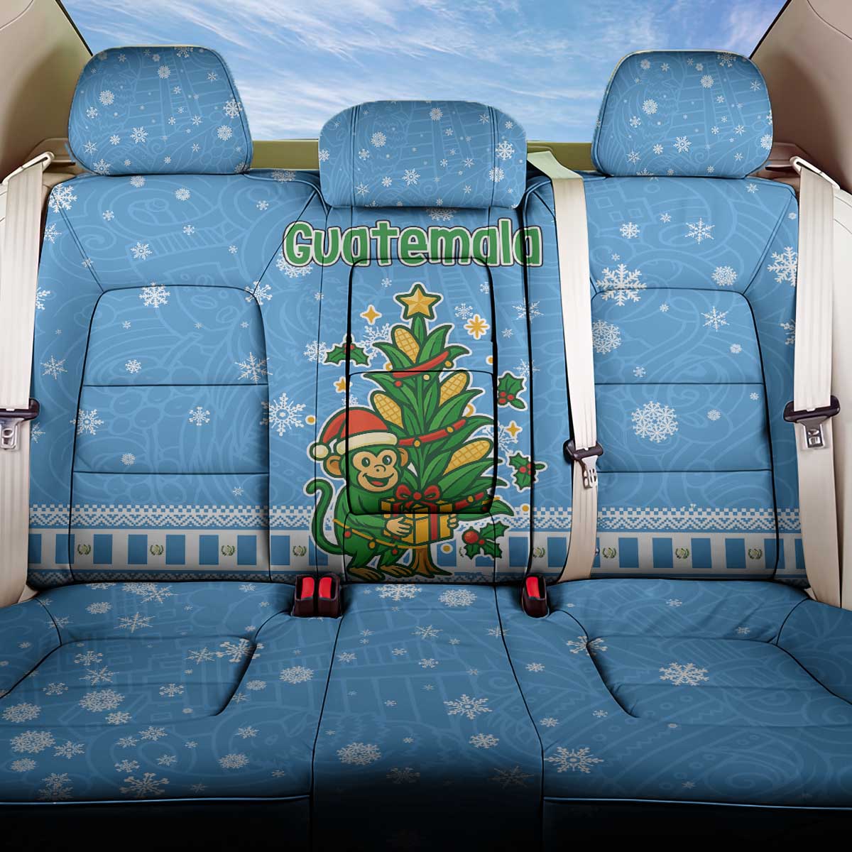 Guatemala Christmas Back Car Seat Cover with Blue Christmas Monkey Tree Snowman and Snowflake - Wonder Print Shop