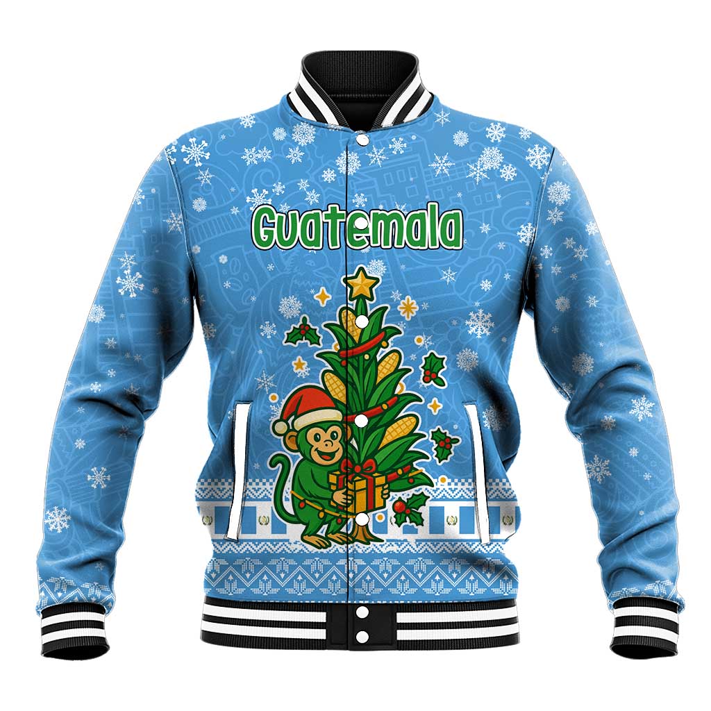Guatemala Christmas Baseball Jacket with Blue Christmas Monkey Tree Snowman and Snowflake - Wonder Print Shop