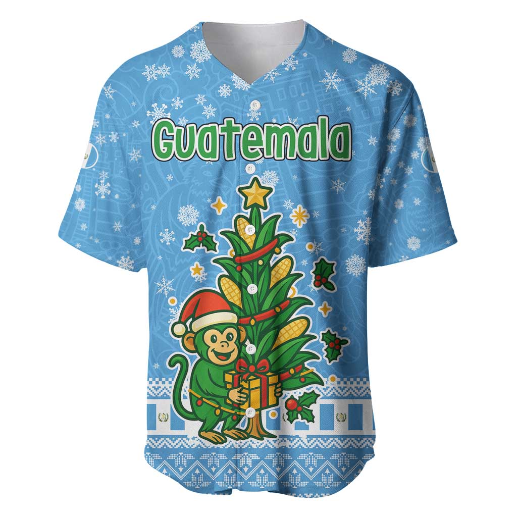 Guatemala Christmas Baseball Jersey with Blue Christmas Monkey Tree Snowman and Snowflake - Wonder Print Shop