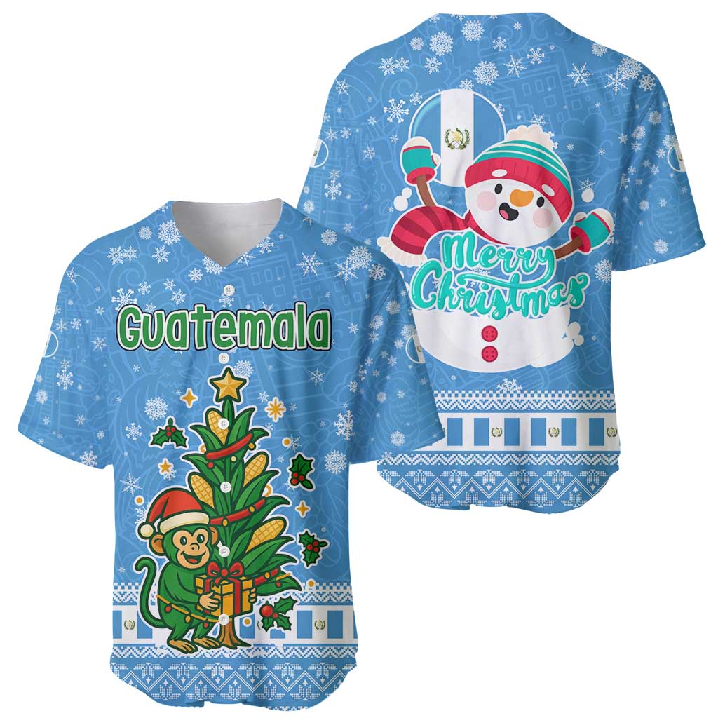 Guatemala Christmas Baseball Jersey with Blue Christmas Monkey Tree Snowman and Snowflake - Wonder Print Shop
