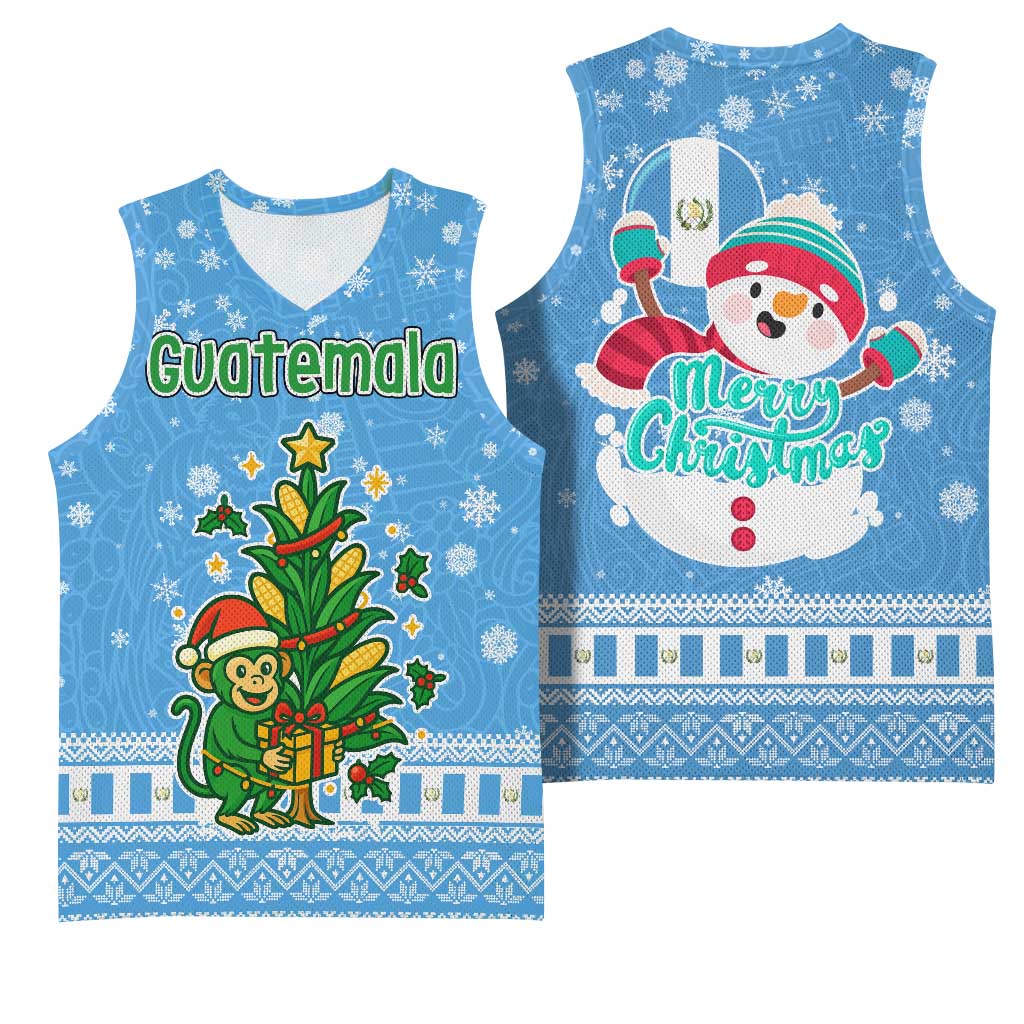 Guatemala Christmas Basketball Jersey with Blue Christmas Monkey Tree Snowman and Snowflake - Wonder Print Shop