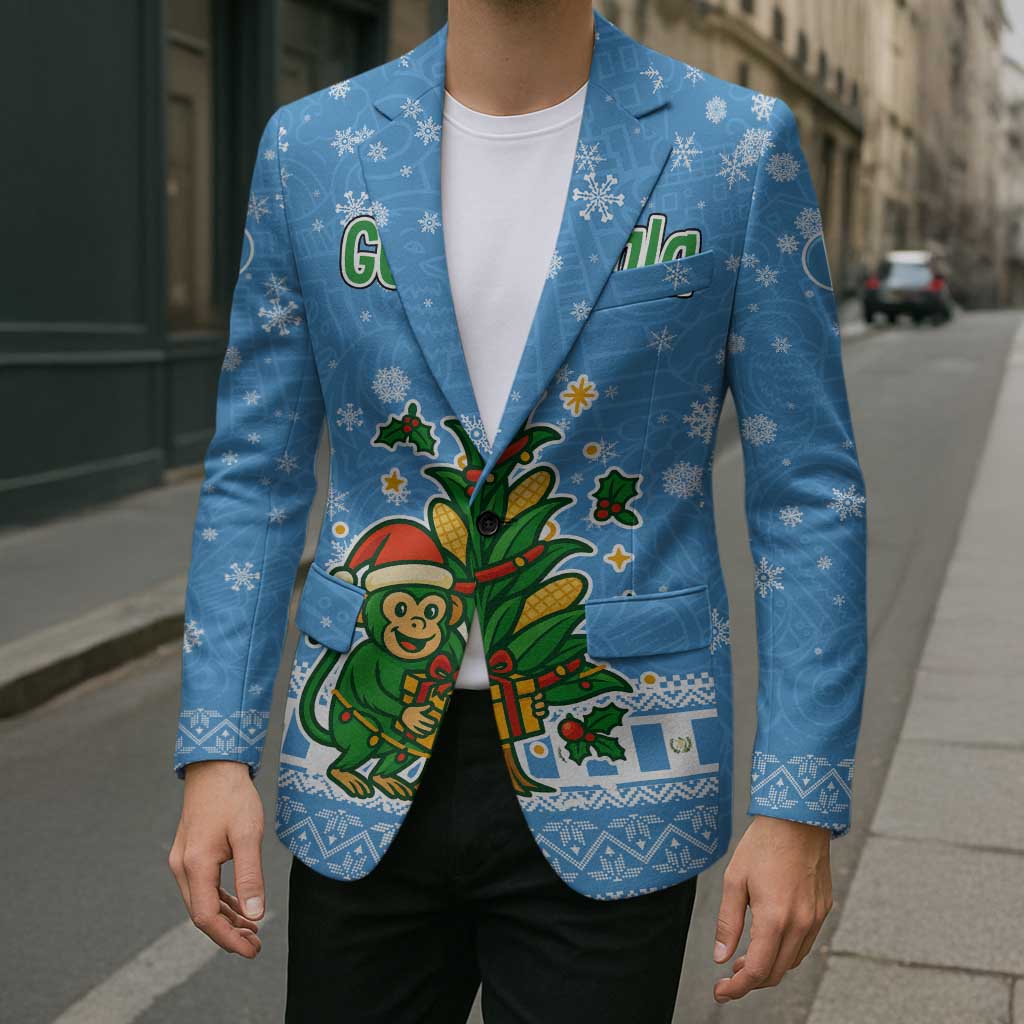 Guatemala Christmas Blazer with Blue Christmas Monkey Tree Snowman and Snowflake - Wonder Print Shop