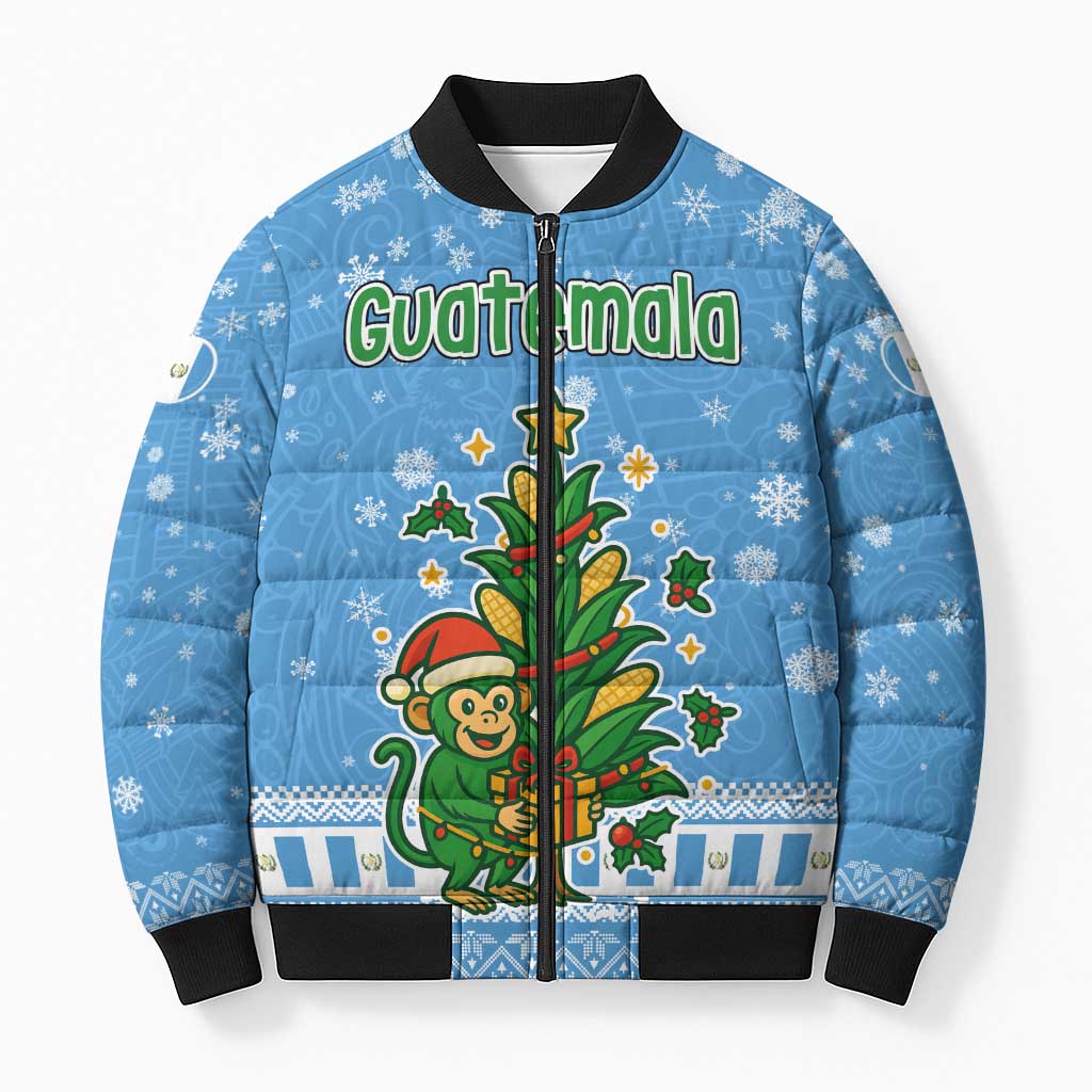 Guatemala Christmas Bomber Puffer Jacket with Blue Christmas Monkey Tree Snowman and Snowflake - Wonder Print Shop