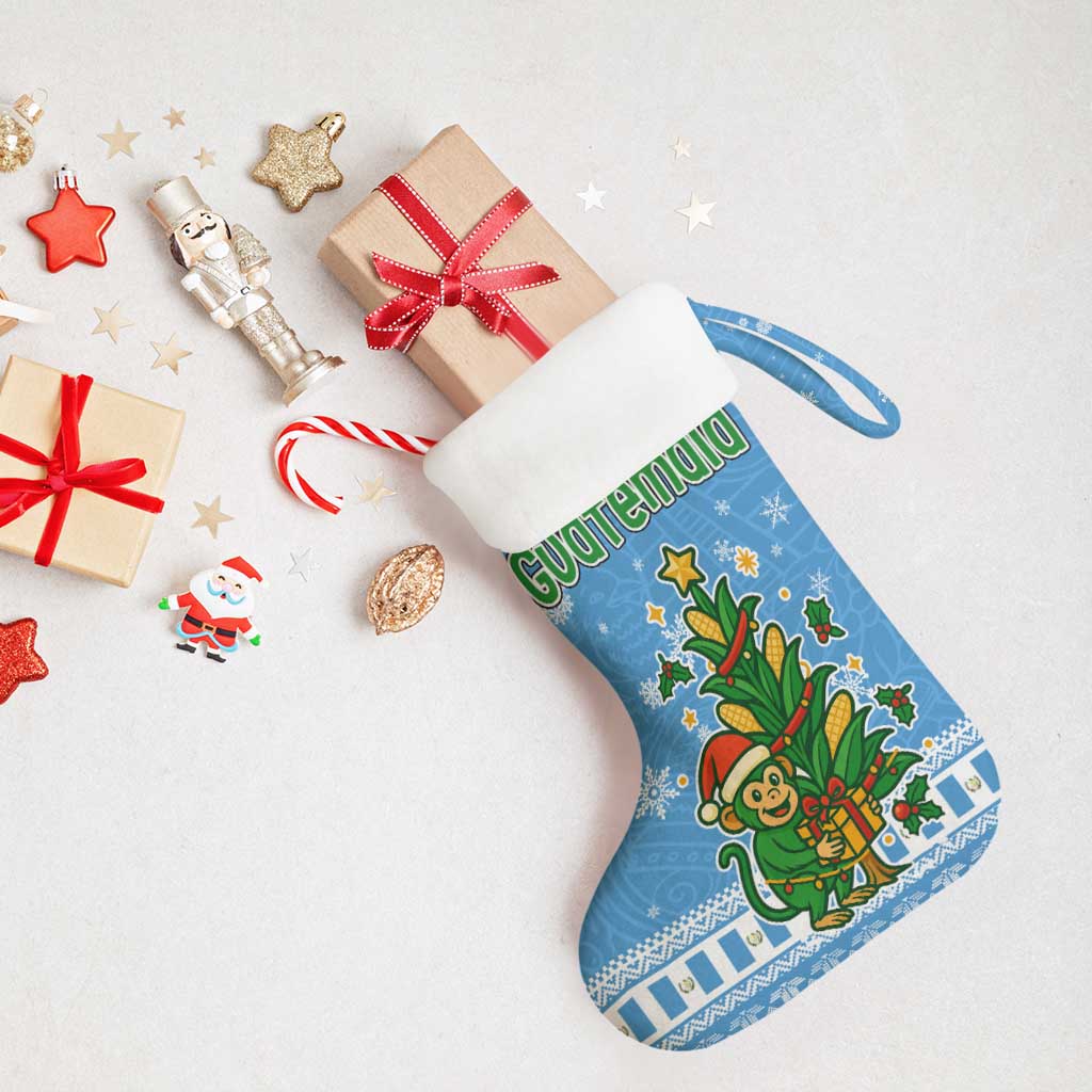Guatemala Christmas Stocking with Blue Christmas Monkey Tree Snowman and Snowflake - Wonder Print Shop