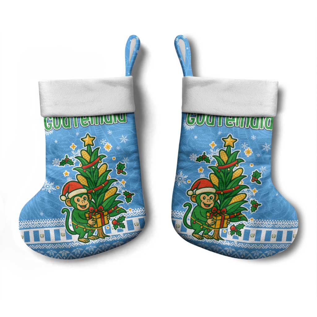 Guatemala Christmas Stocking with Blue Christmas Monkey Tree Snowman and Snowflake - Wonder Print Shop