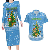 Guatemala Christmas Couples Matching Long Sleeve Bodycon Dress and Hawaiian Shirt with Blue Christmas Monkey Tree Snowman and Snowflake - Wonder Print Shop
