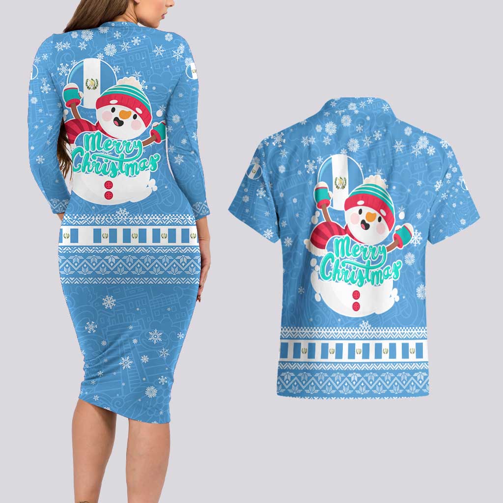 Guatemala Christmas Couples Matching Long Sleeve Bodycon Dress and Hawaiian Shirt with Blue Christmas Monkey Tree Snowman and Snowflake - Wonder Print Shop