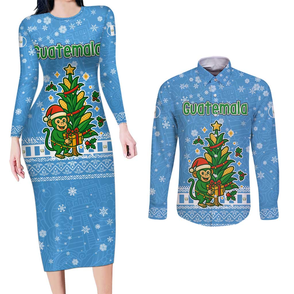Guatemala Christmas Couples Matching Long Sleeve Bodycon Dress and Long Sleeve Button Shirt with Blue Christmas Monkey Tree Snowman and Snowflake - Wonder Print Shop