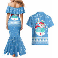 Guatemala Christmas Couples Matching Mermaid Dress and Hawaiian Shirt with Blue Christmas Monkey Tree Snowman and Snowflake - Wonder Print Shop